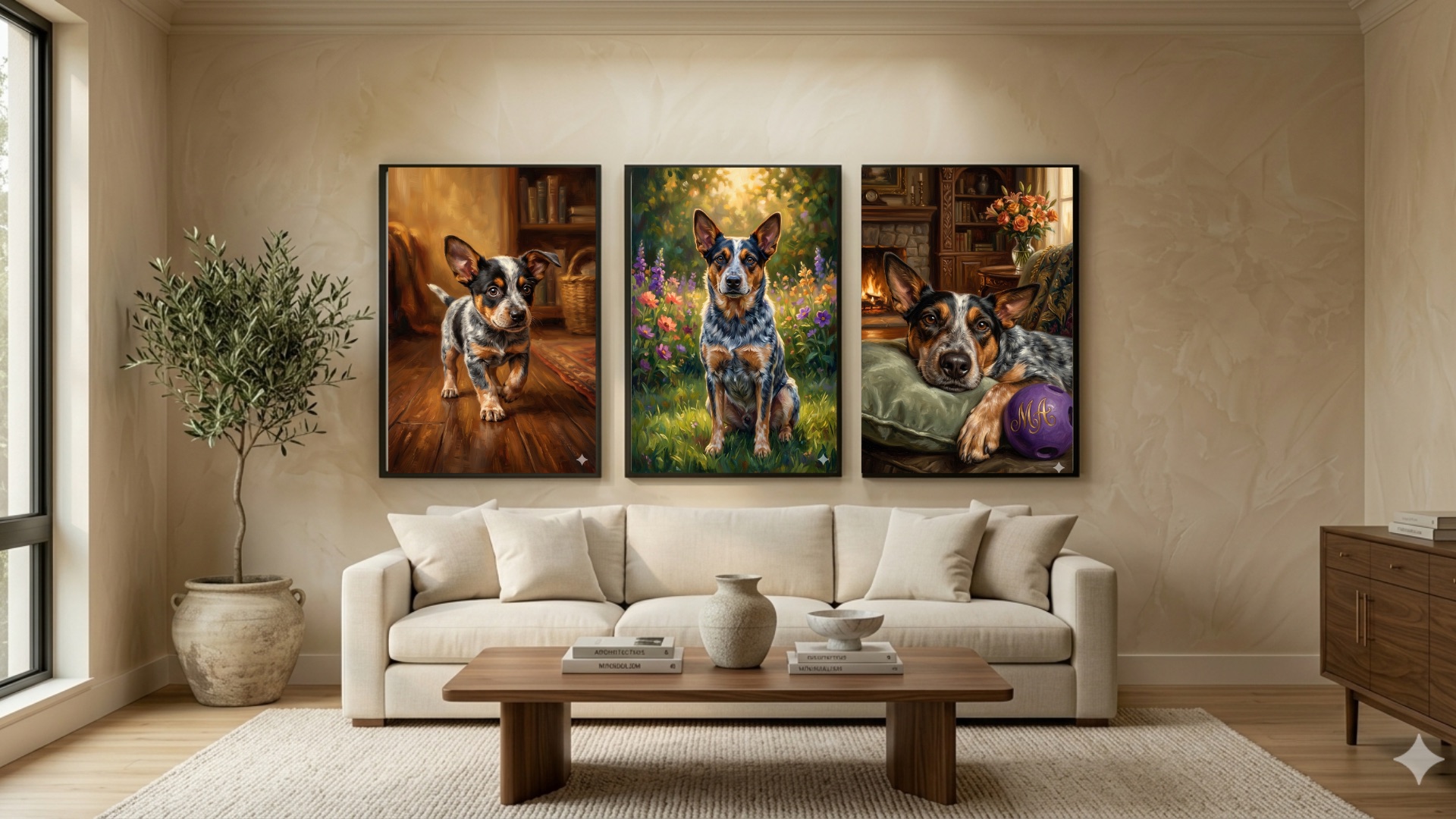 A dog growing up portrait sequence displayed in a home.