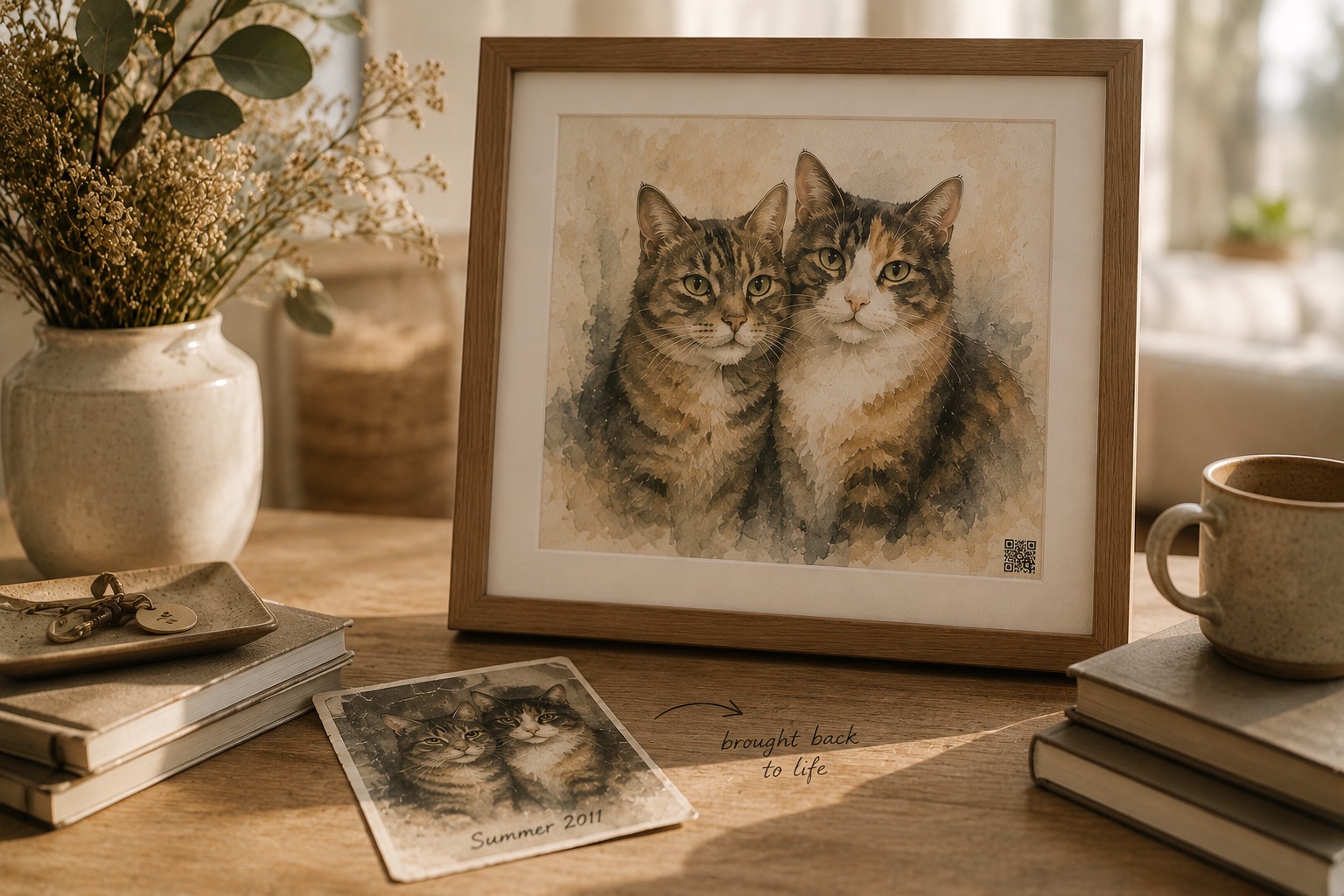 A framed pet portrait in a softly lit home setting.